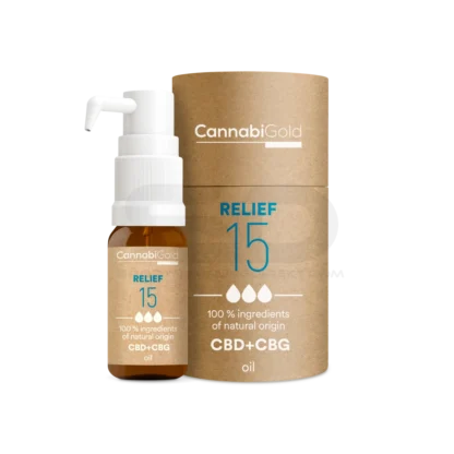 Alívio 15 CannabiGold® Relief 15 com sua alta concentração de CBD e CBG, destina-se a pessoas que estão procurando um efeito mais forte e mais rápido. CannabiGold® Relief 15 é embalado em um frasco de 12 ml, correspondendo ao uso diário por aproximadamente 1,5 meses. Nosso dispensador de bomba exclusivo permitirá que você dose a quantidade exata necessária. É necessário mantê-lo longe da luz para preservar seu efeito. Apenas para uso adulto. Não recomendado para uso por mulheres grávidas ou amamentando. Manter fora do alcance de crianças. Não use no caso de alergia a qualquer ingrediente. Não aplicar em feridas ou onde a pele não está intacta. CannabiGold® Relief 15 é um produto cosmético totalmente compatível com os regulamentos mais recentes da União Europeia.